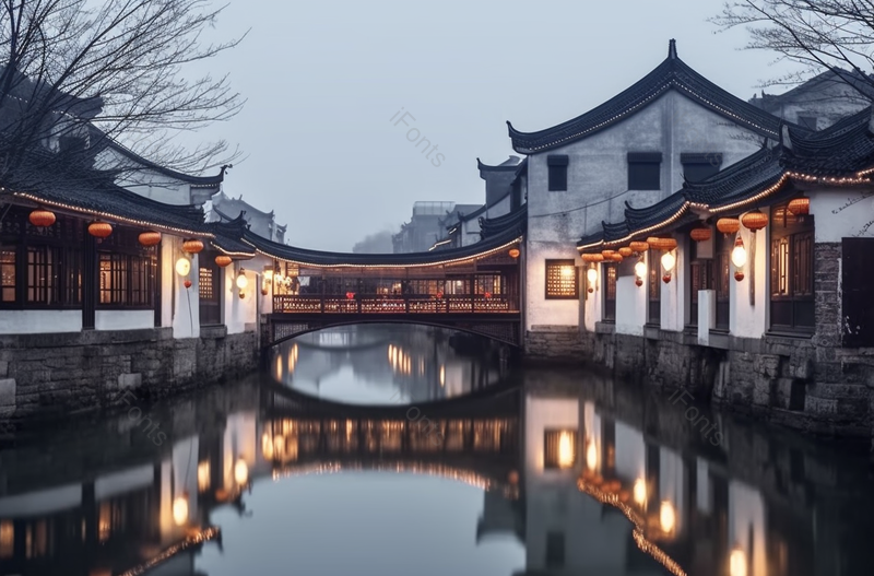 淡蓝色江南水乡古镇夜景灯光摄影美景,高清,摄影图,摄影图片,图片大全,摄影图免费下载
